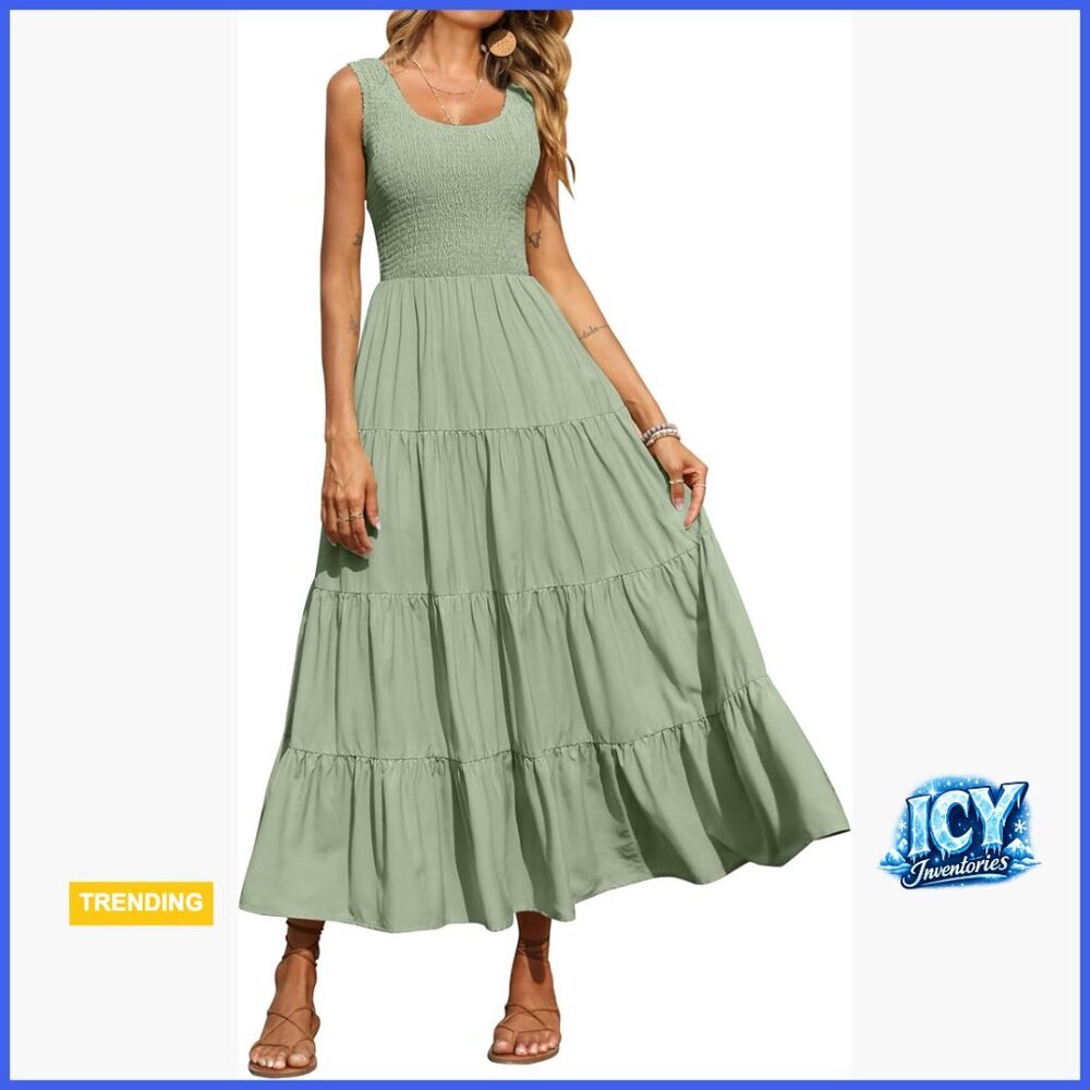 Smocked Tank Maxi Dress Tiered Sleeveless Casual Sundress